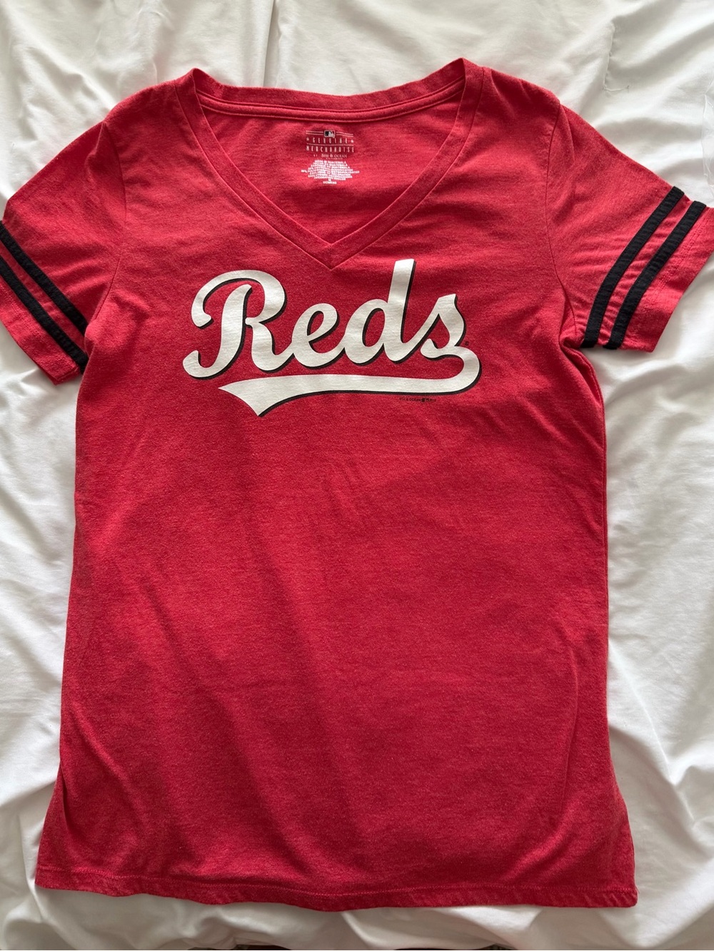 5th & Ocean Red 'Reds' V-Neck Tee with Black Sleeve Stripes